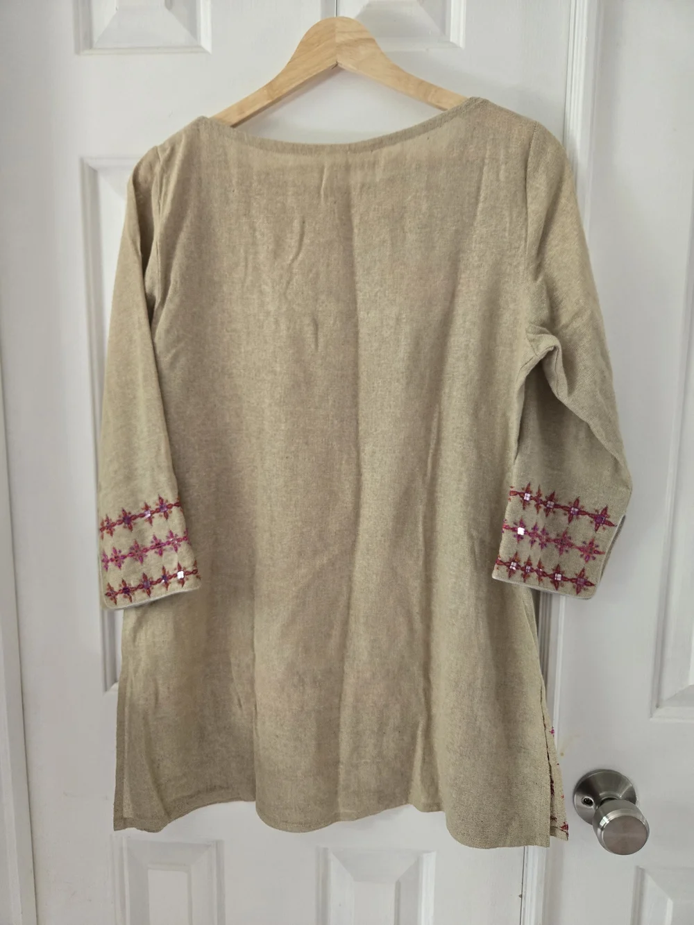 Beige Tan Cotton Embroidered Two-Piece Tunic & Pants Set - Women Size Small 36